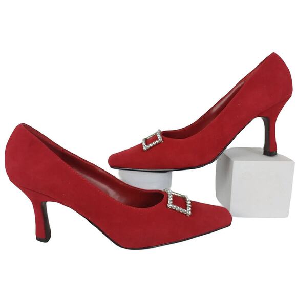 COUP D'ETAT Women's 8 Red Suede Leather 3" Heels, Rhinestone Pointed Square Toe - Picture 1 of 9